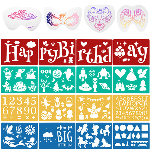 ViikiFain 16 PCS Sturdy Stencils for Kids with 4 Pcs Face Stencils, Large Happy Birthday Stencils for Painting for Girls Boys Gift, Toddlers Preschooler Learning Tool, Birthday Holiday Halloween Makeup